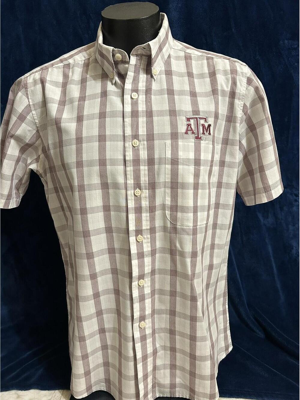 Texas A&M Antigua Mens dress Shirt Maroon Gingham Short Sleeve. Athletic size L